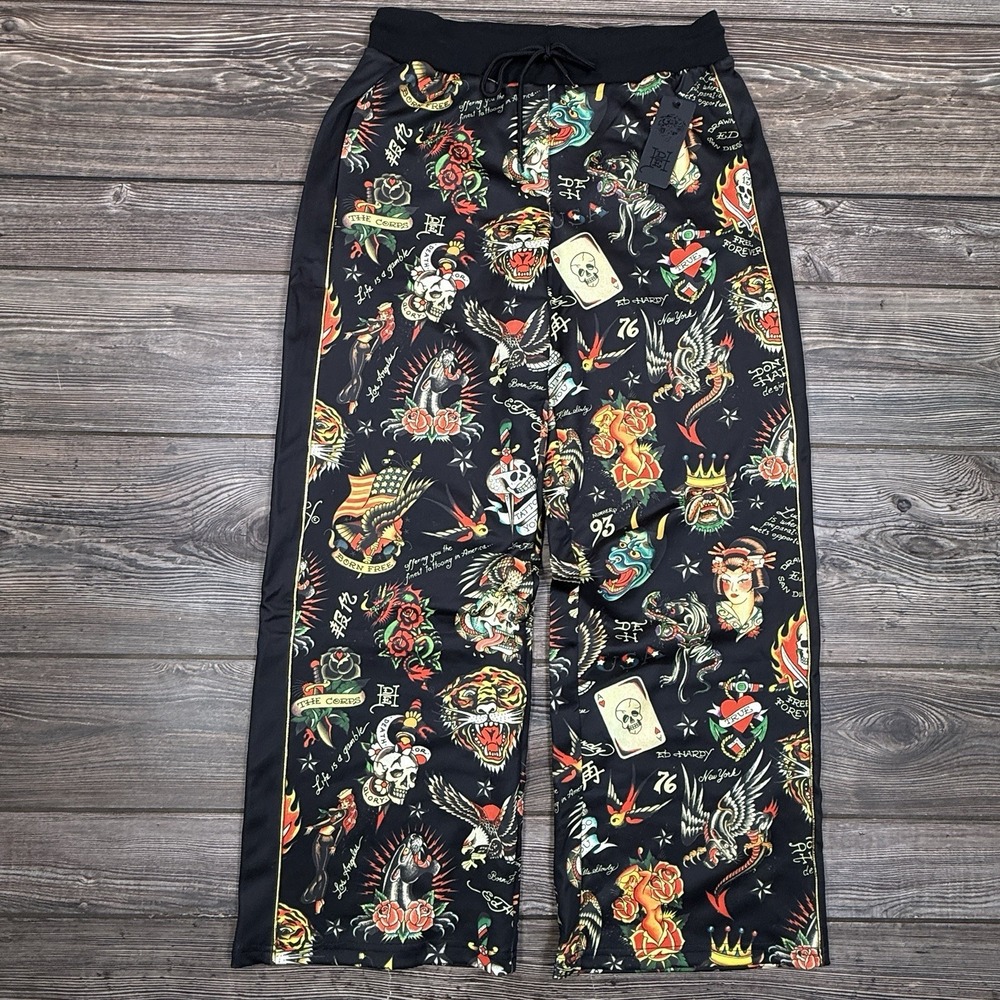 Ed Hardy Flashboard Track Pant Black Gold Embroidered Size Medium Tiger Skull‎ - Picture 5 of 13